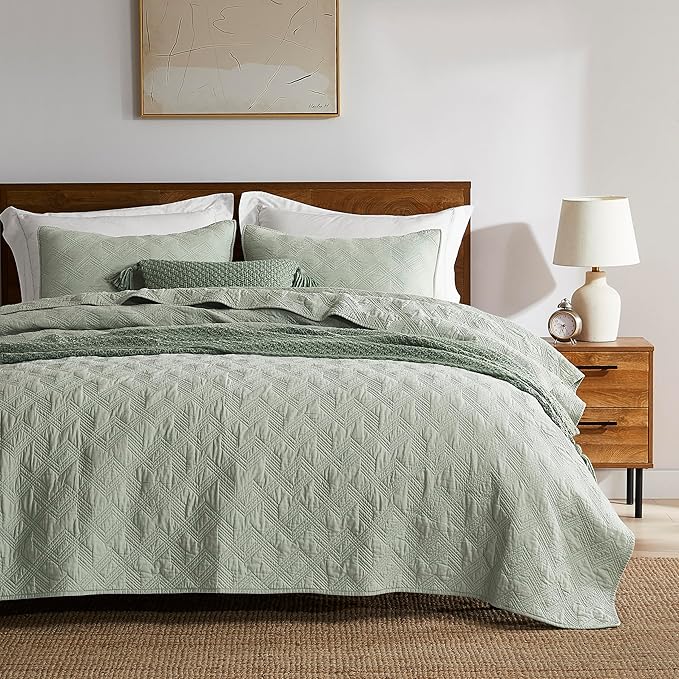WDCOZY 100% Cotton Oversized King Quilt Set - Sage Green California Cal King Size Soft Lightweight Modern Bedspread, Farmhouse Country Rustic Coverlet, Textured Like Linen, Shabby Chic Bedding