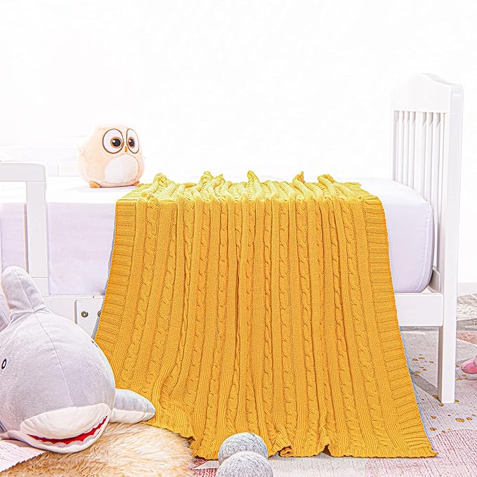 NTBAY 100% Pure Cotton Cable Knit Toddler Blanket, Super Soft Warm Breathable 30x40 Baby Blanket for Crib, Stroller, Nursery, Travel, Newborn, 30x40 Inches, Turmeric