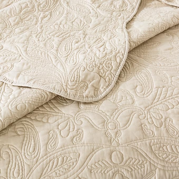 HoneiLife Quilt Set King Size - 3 Piece Embroidered Microfiber Bedspread Reversible Coverlet Lightweight Bedcover Paisley Pattern Bedding Set All Season Quilts-Khaki