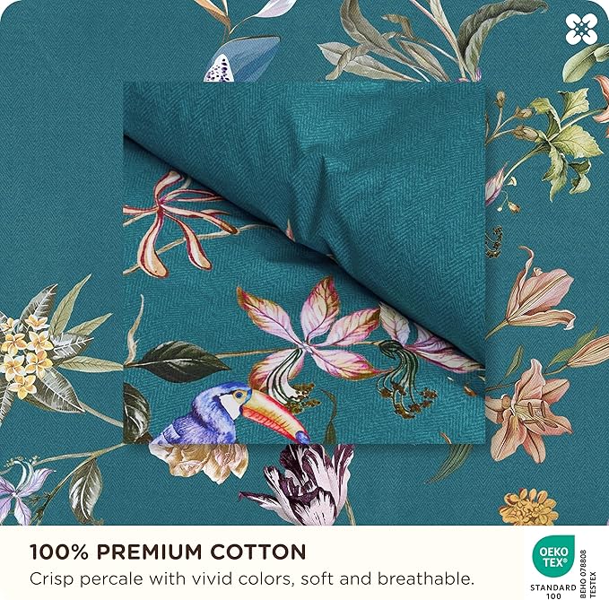 Bedsure 100% Cotton Reversible Chinoiserie Floral Duvet Cover Queen Size - Vintage Teal Bird Printed Comforter Cover with Zipper Closure & 2 Pillow Shams, No Comforter (Chinoiserie Teal 90"x90")