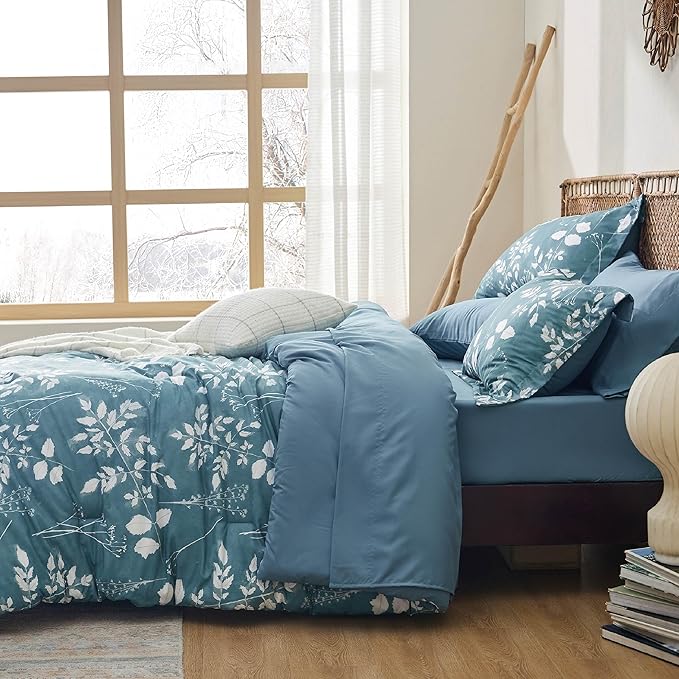Bedsure Full Size Comforter Set - 7 Pieces Floral Mineral Blue Soft Bedding Sets, Full Bed in a Bag with Botanical Flowers Comforter, Sheets, Pillowcases & Shams