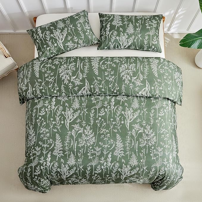 Lekesky Floral Duvet Cover Queen Size, Army Green Queen Duvet Cover with Plant Flowers Pattern,Soft Microfiber Breathable Bedding Set with Zipper & Corner Ties for All Season