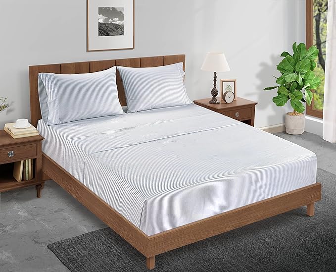 LANE LINEN 100% Organic Cotton Twin Fitted Sheet, 2-Piece Set (1 Fitted Sheet, 1 Pillowcase), Percale Weave, Soft, Breathable, Fits Mattress Upto 15' Deep - Blue Ticking Stripe (No Flat Sheet)