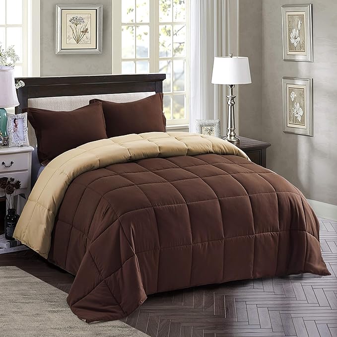 HIG 3pc Down Alternative Comforter Set - All Season Reversible Comforter with Two Shams - Quilted Duvet Insert with Corner Tabs - Box Stitched - Super Soft, Fluffy (Full/Queen, Chocolate)