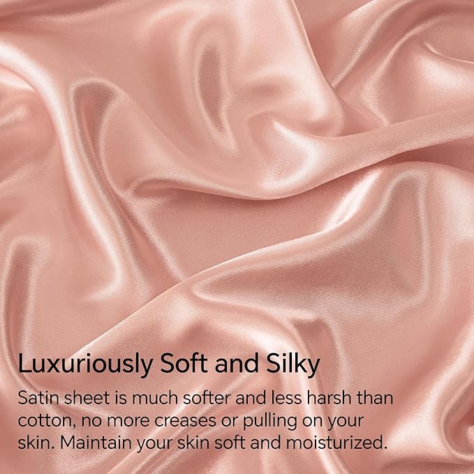 BEDELITE Satin Sheets Queen Size Bed Set, Luxury Soft Coral Pink Silky Sheets for Hair and Skin, Similar to Silk Bed Sheet Set 4 Pieces with 1 Deep Pocket Fitted Sheet, 1 Flat Sheet, and 2 Pillowcases