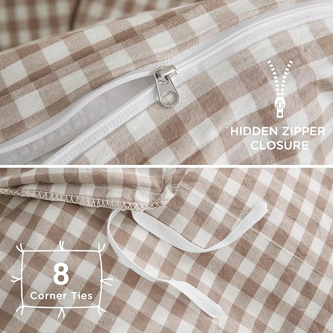 TOCOMOA Tan Gingham Duvet Cover Bedding Set 100% Washed Cotton Like Linen Feel Super Soft Comfy 3 Piece Brown Plaid Checkered Comforter Cover Set (Oversized Queen 98"x98", Comforter Not Included)