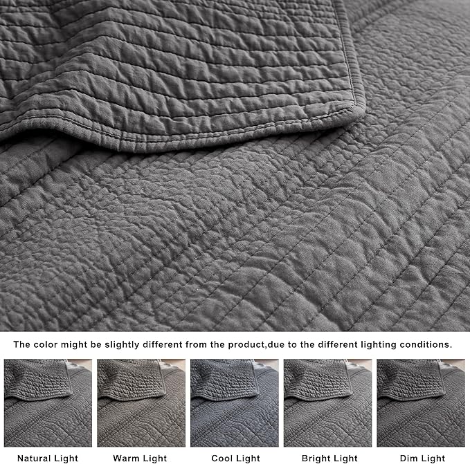 PALASSIO Striped Dark Grey 100% Cotton Quilt California Cal King Size Bedding Sets, Oversized Lightweight Channel Pick Stitch Textured Bedspread Soft Farmhouse Country Coverlet for All Season, 2 Shams