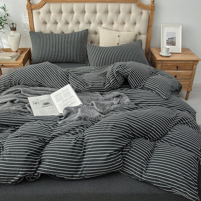PURE ERA Jersey Knit Duvet Cover Set 100% T-Shirt Heather Cotton Super Soft Comfy Classic Striped Design, with Zipper Closure, Heather Black & White Pinstripe, Queen