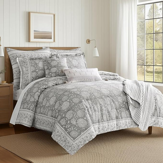 Levtex Home Adare Grey Reversible Twin/Twin XL Comforter Set (68x88in) with 1 Pillowcase (26x20in) - Floral Bedding - Grey and White - 100% Cotton Twin Size Comforter Set - Soft, Pre-Washed