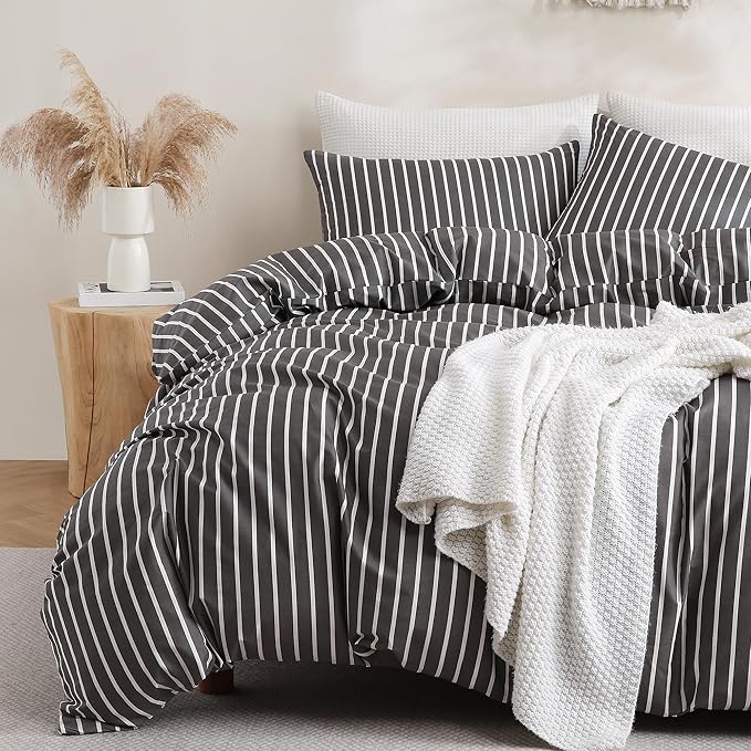 TOCOMOA Striped Duvet Cover Set 100% Natural Cotton Soft Comfy Breathable 3 Piece Black and White Pattern Printed Comforter Cover Bedding Set (Queen 90"x90", Comforter Not Included)