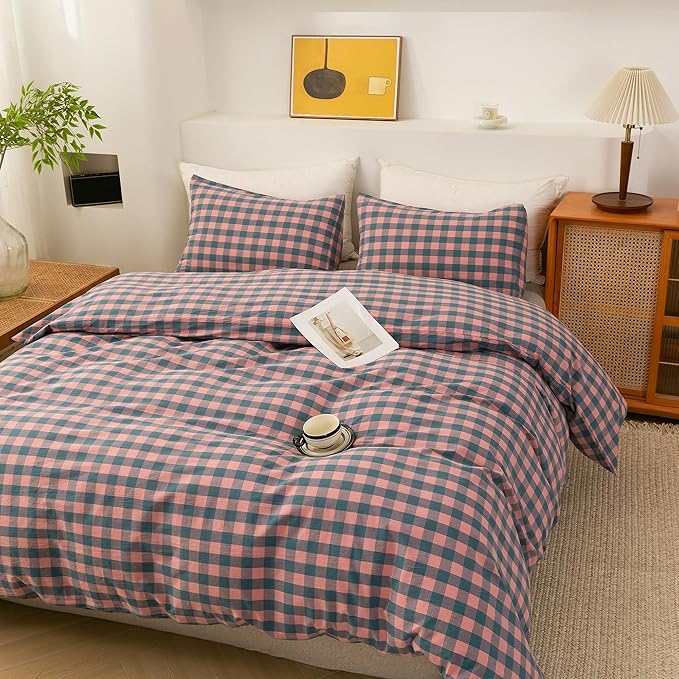 ECOCOTT Duvet Cover Set, 100% Washed Cotton Linen-Like Soft & Breathable, Durable Comfy Bedding Set for All Seasons King Size, Purple Pink Plaid
