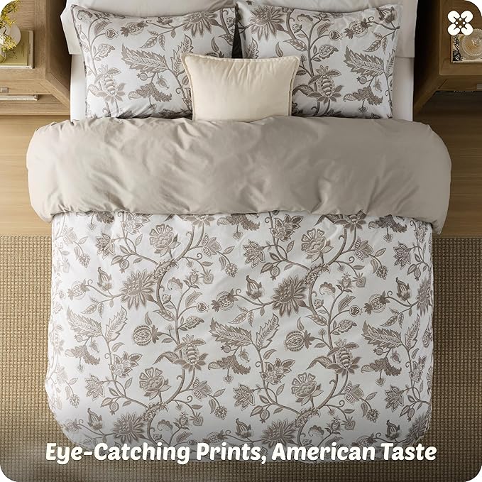 Bedsure 100% Cotton Reversible Floral Duvet Cover Queen Size - Entwined Vines Pattern Printed Comforter Cover with Zipper Closure & 2 Pillow Shams, Comforter Sold Separately (Linen Vines, 90"x90")