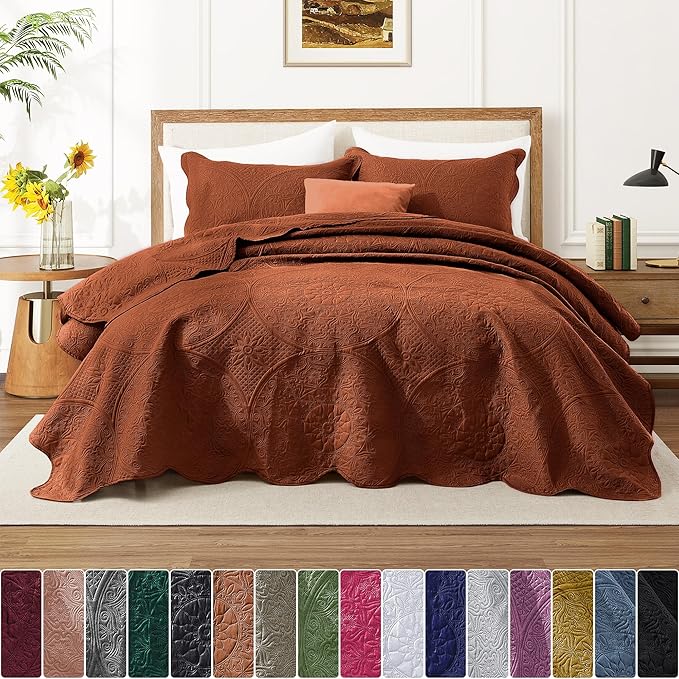 IR Imperial Rooms Twin Quilt Bedding Set Size (68” x 86”) + 1 Pillow Shams (20” x 26” + 2”) - 2 Pcs All Season Lightweight Reversible Microfiber Coverlet Floral Embossed Quilt Bedspread (Rust)
