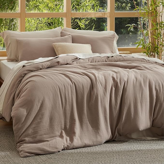 Bedsure Muslin Duvet Cover Queen Size - Cotton Blend Rayon Derived from Bamboo, Cooling Duvet Covet for Hot Sleepers - Ultra-Soft & Breathable Bedding Set for All Seasons(Khaki, 90"x90")