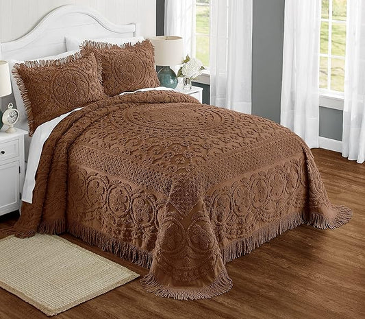 Montgomery Ward Emily Floral Chenille Bedspread, Soft Cotton Comforter, King Size Quilt in Chocolate - Luxury Hotel Bedding