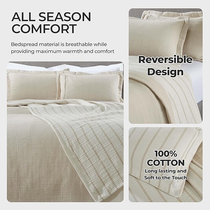 Superior 3 Piece Cotton Reversible Bedspread and Sham Set, Home Bed Decor, Decorative Bed Spread, 2 Pillow Shams, Medium Weight, Matelasse Coverlet Bedding, Valencia Collection, California King, Beige