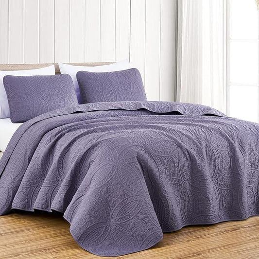 Chezmoi Collection Austin King Oversized Bedspread Set, 3-Piece Pinsonic Quilted Lightweight Microfiber Bedspread Coverlet, Dusty Purple