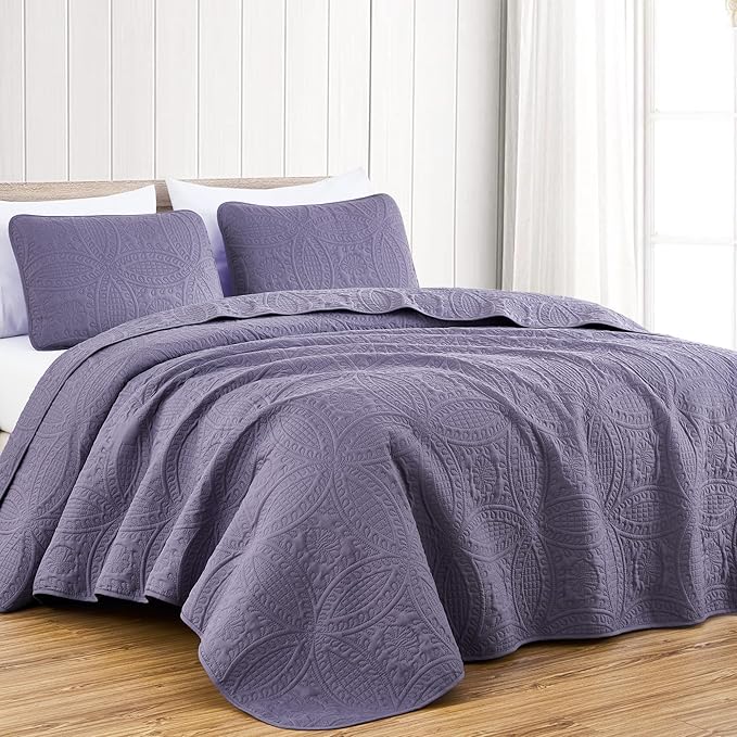 Chezmoi Collection Austin Queen Oversized Bedspread Set, 3-Piece Pinsonic Quilted Lightweight Microfiber Bedspread Coverlet, Dusty Purple
