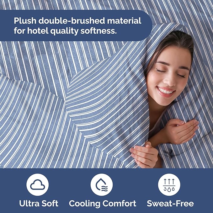 Duvet Cover Queen Size - Extra Soft Queen Size Duvet Cover - Lightweight, Breathable, Easy Care & Fade Free w/ Zipper Closures & Ties - 90" x 90" Inches - (Blue Stripes 3) Comforter Not Included