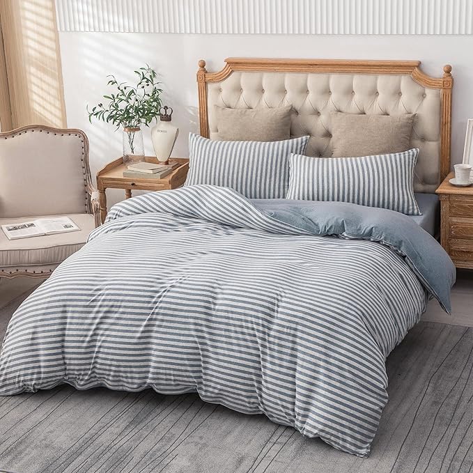 PURE ERA Jersey Knit Duvet Cover Set 100% T-Shirt Heather Cotton Super Soft Comfy Classic Striped Design, with Zipper Closure, Heather Blueish Grey Stripe, King