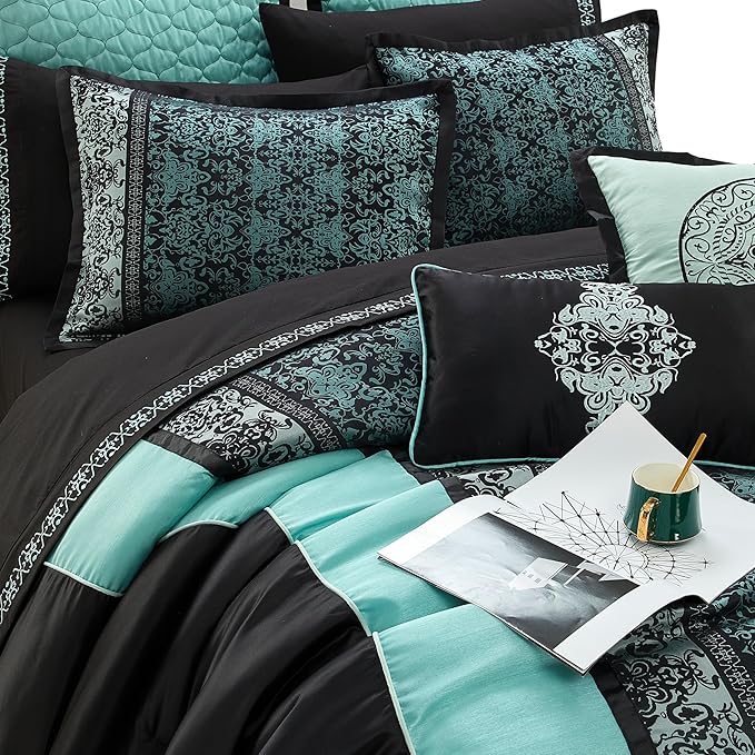Grand Avenue Black & Teal Comforter Set California King Size, Classic Jacquard Bedding Sets, Faux Silk, Premium Microfiber, 12 Pieces Bed in a Bag, Matching Fitted Sheet, Flat Sheet