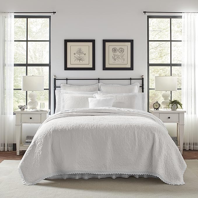 Laura Ashley - Twin Quilt Set, Reversible Cotton Bedding with Matching Sham, Pre-Washed Home Decor for Added Softness (Heirloom Crochet White, Twin)