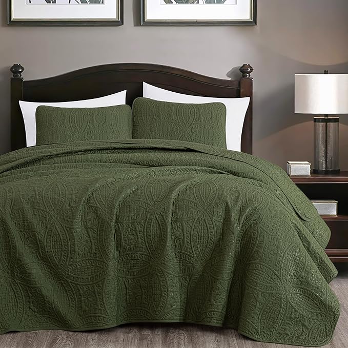 Chezmoi Collection Austin 3-Piece Oversized Bedspread Coverlet Set (Queen, Cypress Green)