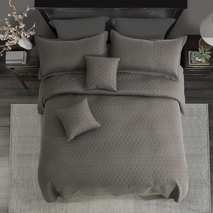 Oversized King Bedspread 128x120 Extra Wide, Modern & Contemporary Look, Lightweight Bedding Cover, Reversible, 5 Piece, 100% Microfiber, Brown