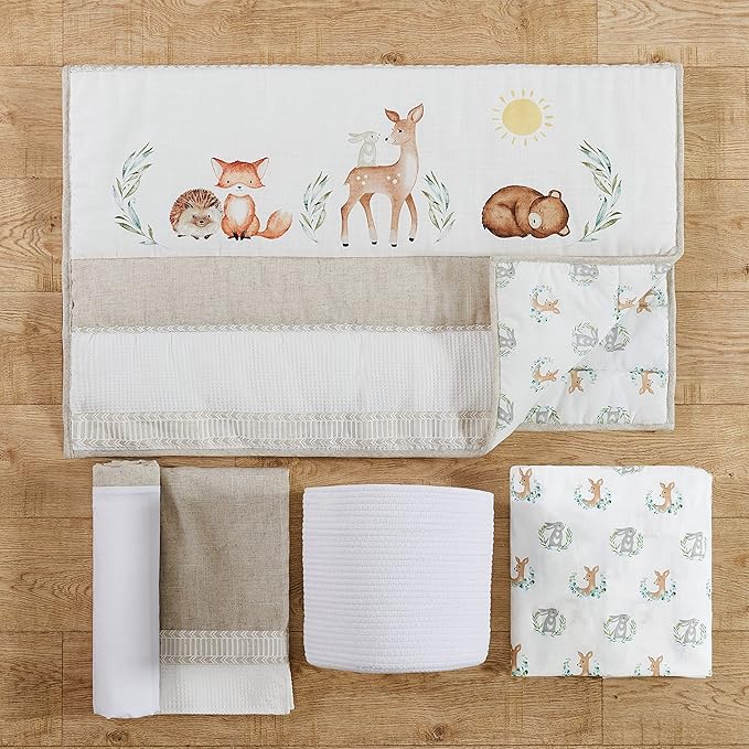 Levtex Baby - Woodland Pals Crib Bed Set - Baby Nursery Set - Cream Taupe Brown Green - Woodland Friends - 5 Piece Set Includes Quilt, One Fitted Sheet, Wall Decal, Skirt/Dust Ruffle & Basket
