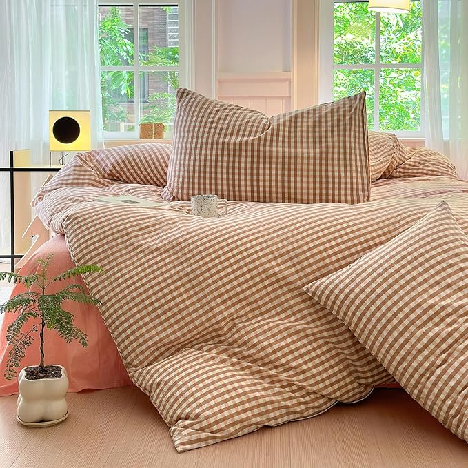 LifeTB Pink Gingham Duvet Cover Twin 3 Pieces Pink Plaid Duvet Cover 100% Washed Cotton Bedding Boho Coral Grid Comforter Cover Farmhouse Checkered Gingham Bedding Set with 2 Pillowcases