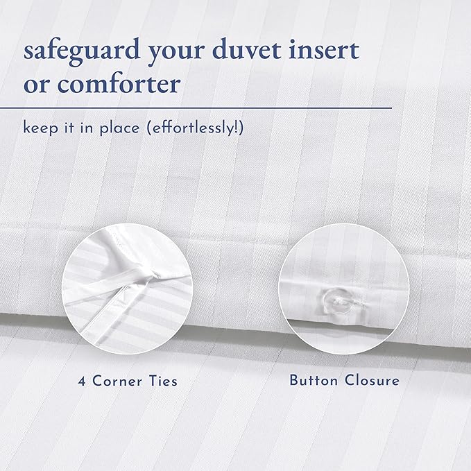 California Design Den Striped White Duvet Cover King Size Only - Premium 400 Thread Count, 100% Cotton Sateen, Button Closure & Corner Ties - White