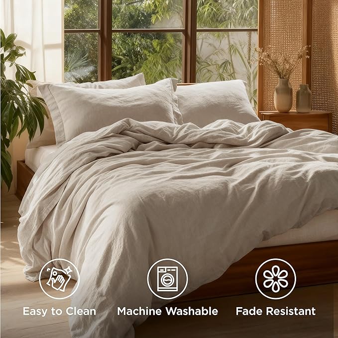 Bedsure 100% Washed Cotton Duvet Cover Twin - Oatmeal Minimalist Cotton Duvet Cover Linen Like for All Seasons - GentleSoft™ Plain Simple Bedding (Oatmeal, Twin, 68"x90")