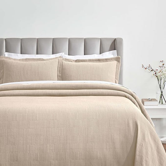 Superior 3 Piece Cotton Bedspread and Sham Set, Home Bed Decor, Decorative Bed Spread, 2 Pillow Shams, Medium Weight, Textured Matelasse Coverlet Bedding, Zenith Collection, California King, Beige