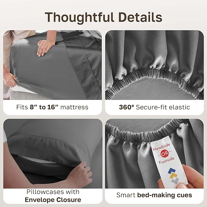 California Design Den 6-Pc Queen Size Sheet Set with 4 Pillowcases - 400 Thread Count 100% Cotton Sheets, Sateen Weave, Deep Pocket Bedsheets Set - Grey