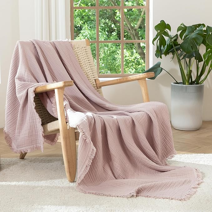 MooMee Muslin Blanket - 100% Cotton 4-Layer Gauze Throw Blanket with Tassels Ultra-Soft Breathable Lightweight Cooling for Bed Couch (Greyish Pink,Throw 60" x 50")
