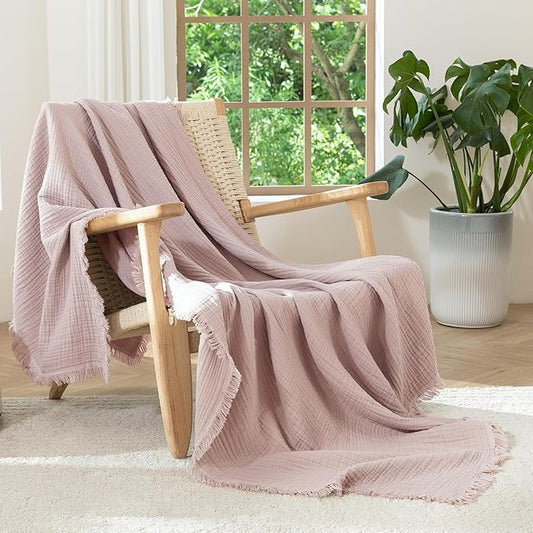 MooMee Muslin Blanket - 100% Cotton 4-Layer Gauze Throw Blanket with Tassels Ultra-Soft Breathable Lightweight Cooling for Bed Couch (Greyish Pink,Throw 60" x 50")