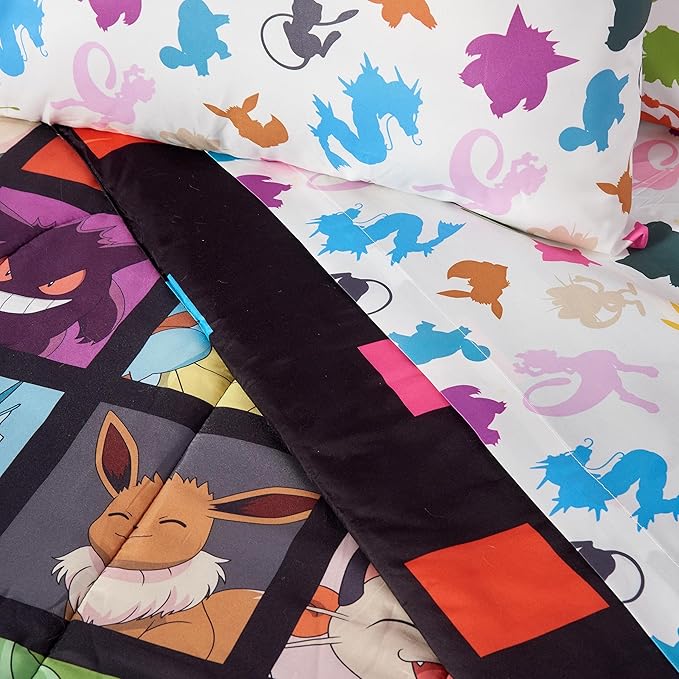 Northwest Pokemon Full Sized Bed in a Bag Set, Pikachu Eevee Charmander Squirtle, Anime Bedding for Kids, Kanto Favorites