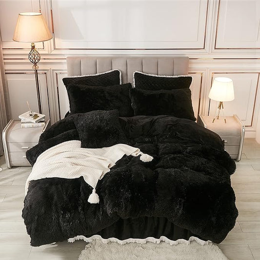 annadaif Plush Black Duvet Cover Queen, Fluffy Soft Faux Fur Velvet Comforter Cover, Luxury Fuzzy Shaggy Bedding Sets 3 Pieces(1 Duvet Cover,2 Pillowcases), Zipper Closure