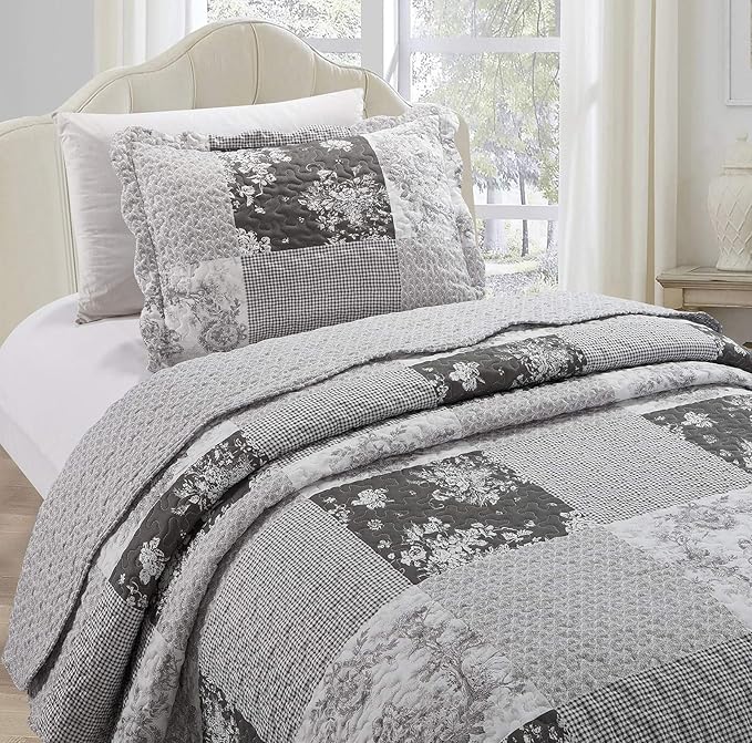Brilliant Sunshine Grey Toile Floral Patchwork, 2-Piece Quilt Set with 1 Sham, Reversible Bedspread, Soft Lightweight Coverlet, All-Season, Twin, Grey