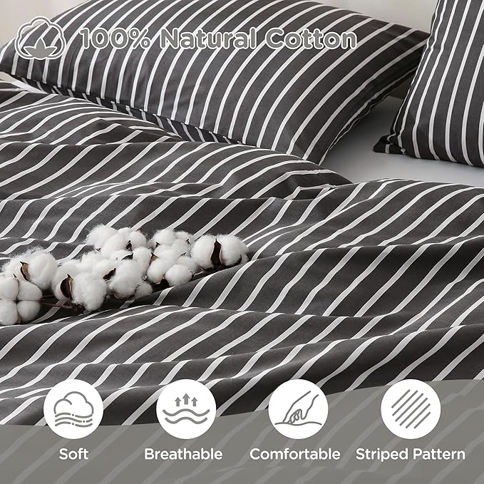 TOCOMOA Striped Duvet Cover Set 100% Natural Cotton Soft Comfy Breathable 3 Piece Black and White Pattern Printed Comforter Cover Bedding Set (Queen 90"x90", Comforter Not Included)