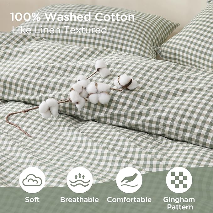 TOCOMOA Green Gingham Duvet Cover Bedding Set 100% Washed Cotton Like Linen Feel Super Soft Comfortable 3 Piece Vintage Plaid Checkered Comforter Cover Set (King 104"x90", Comforter Not Included)