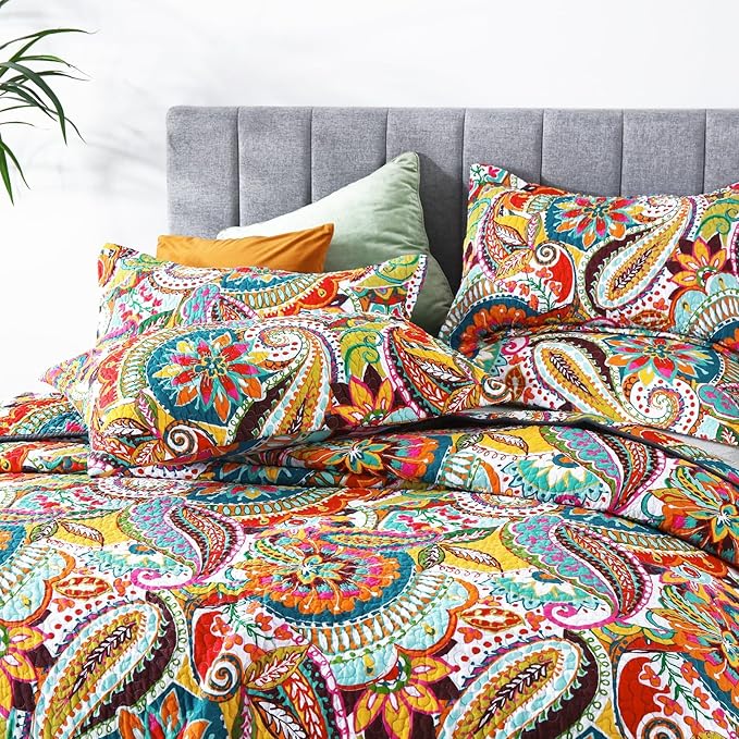 Qucover Boho Quilt King Size, 100% Cotton Bedspread, Vibrant Colorful Gorgeous Paisley Print Coverlet Bedding Set for Living Bedroom, Bed Cover with 2 Pillow Shams, 98x106 Inches