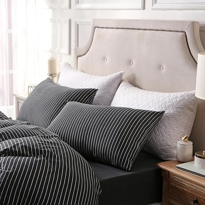 PURE ERA Jersey Knit Duvet Cover Set 100% T-Shirt Heather Cotton Super Soft Comfy Classic Striped Design, with Zipper Closure, Black & White Pinstripe, King