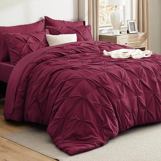Bedsure Full Size Comforter Sets - Bedding Sets Full 7 Pieces, Pintuck Bed in a Bag Burgundy Bed Set with Comforter, Sheets, Pillowcases & Shams