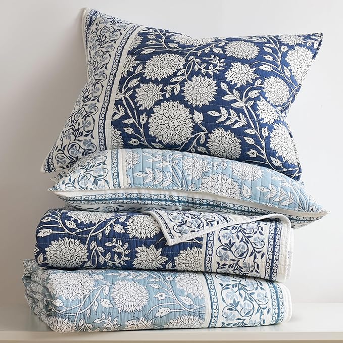 Levtex Home Adare Denim Reversible Full/Queen Quilt Set (88x92in) with 2 Pillow Shams (26x20in) - Floral Bedding - Blue White - Cotton Full/Queen Size Quilt Bedding Set - Lightweight, Soft, Pre-Washed