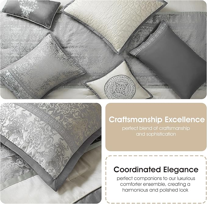 Grand Avenue Silver & Ivory Comforter Set King Size, Classic Jacquard Bedding Sets, Faux Silk, Premium Microfiber, 12 Pieces Bed in a Bag, Matching Fitted Sheet, Flat Sheet