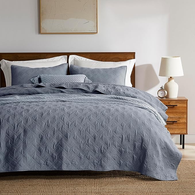 WDCOZY 100% Cotton Queen Size Quilt Set - Dusty Blue Pre-Washed Soft Lightweight Modern Bedspread, Farmhouse Country Rustic Coverlet, Textured Like Linen, Shabby Chic Gauze Bedding, 3 Pieces