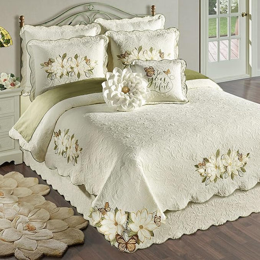 Sweetbay Matelasse Bedding | Magnolia, Butterfly, & Leaf Velvet Appliques | 10-Pc Ivory Lightweight Bed Set: King Coverlet, Bedskirt, 2 King Shams, 2 Euro Shams, 2 Euro Inserts, & 2 Accent Pillows