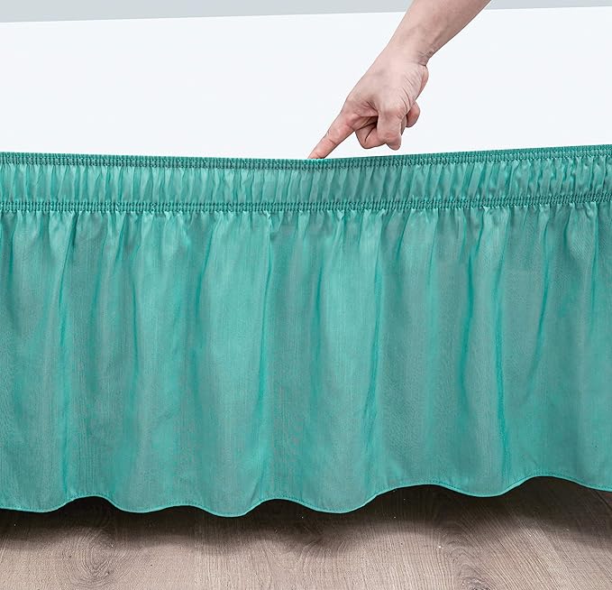 Wrap Around Bed Skirts Elastic Dust Ruffles, Easy Fit Wrinkle and Fade Resistant Silky Microfiber Fabric Solid Color Bedskirt, 12 Inch Tailored Drop Aqua for Queen XL Size Bed Skirt