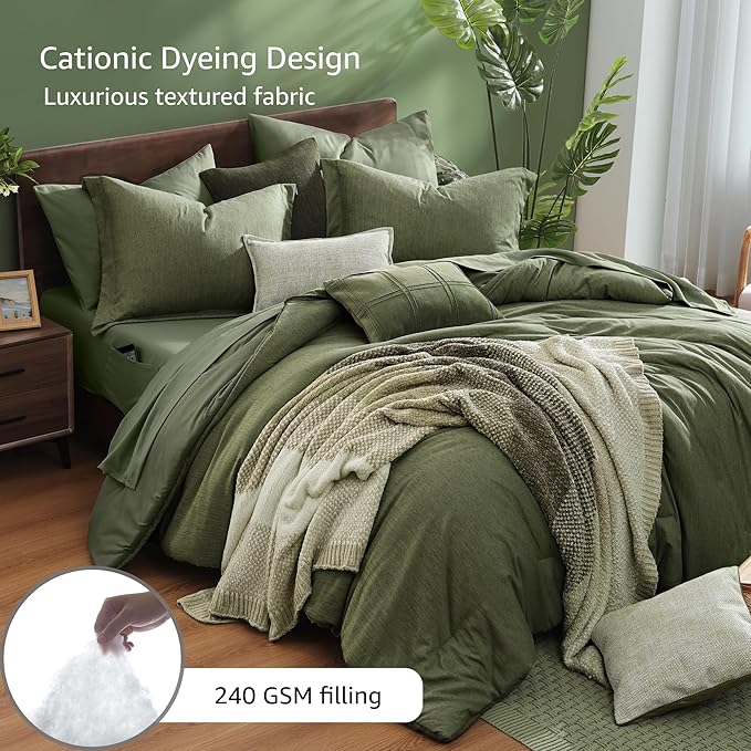 Monbix Super King Size Comforter Set - 7 Pieces Cationic Dyeing Olive Green Bed in a Bag Bedding Sets with Comforter, Sheets, Pillowcases & Shams, Reversible Bedding Comforters Sets